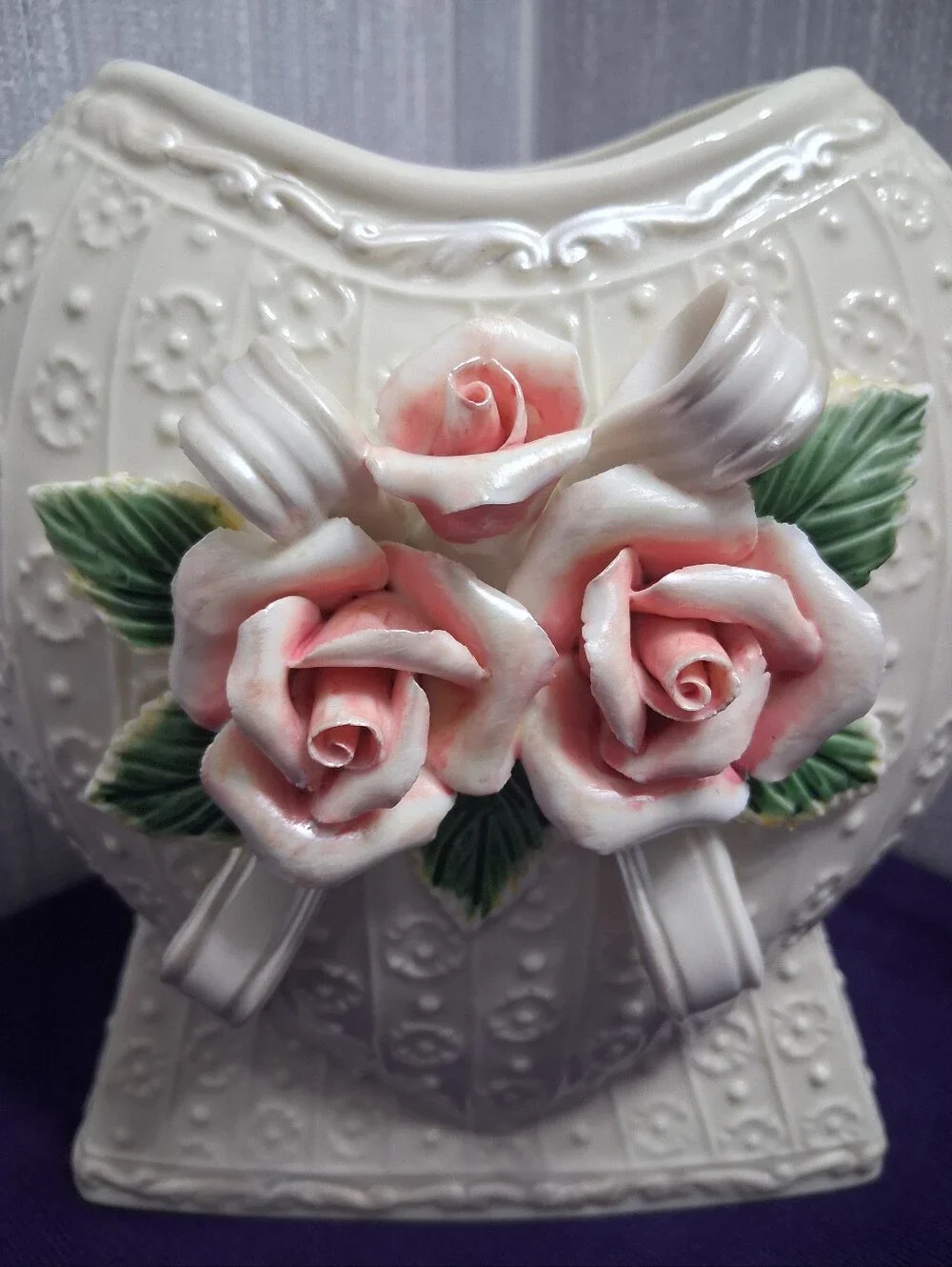 Ribbons & Roses Vase Heart Shaped Ceramic Planter Romantic Victorian Vibes